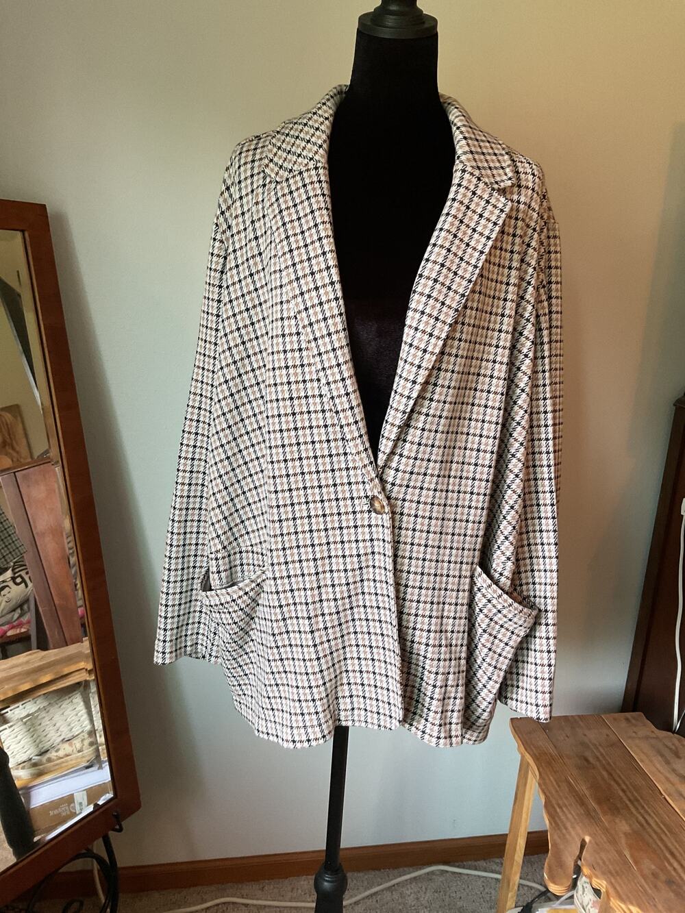 Lands End Knit Blazer Cardigan Jacket Womens 3X Plaid Houndstooth Single Button